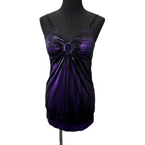 Topia Y2K Mini Dress Tunic Top size L Purple Black Metallic Shirred Peep Hole